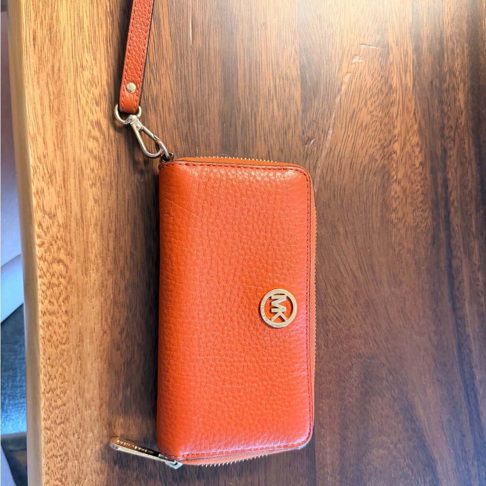 Michael Kors Orange Leather Zip Wristlet Phone Wallet with Gold Logo